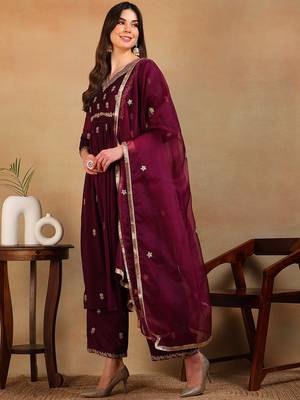 women purple silk blend solid embroidered flared empire kurta pant with dupatta 3