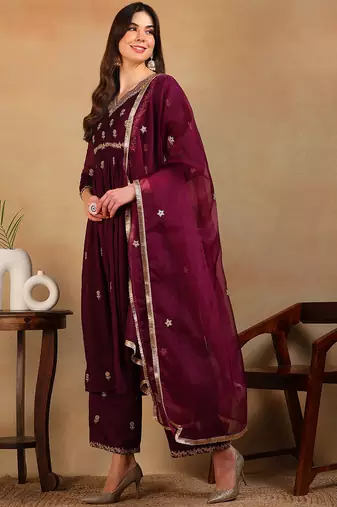 women purple silk blend solid embroidered flared empire kurta pant with dupatta