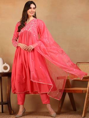women pink silk blend solid embroidered flared empire kurta pant with dupatta 1