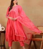 women pink silk blend solid embroidered flared empire kurta pant with dupatta