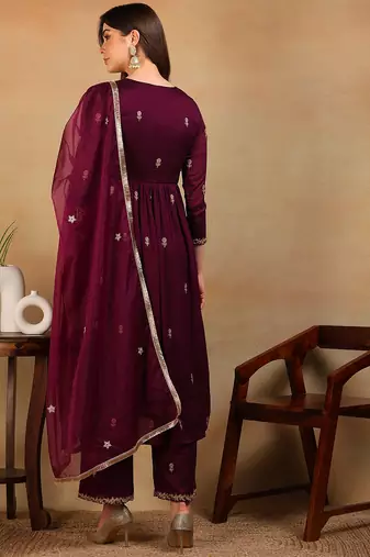 women purple silk blend solid embroidered flared empire kurta pant with dupatta
