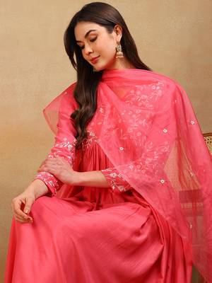 women pink silk blend solid embroidered flared empire kurta pant with dupatta 2