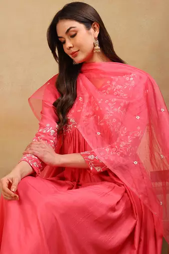 women pink silk blend solid embroidered flared empire kurta pant with dupatta