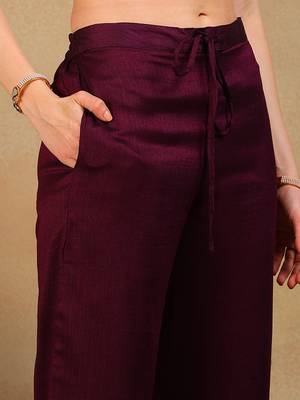 women purple silk blend solid embroidered flared empire kurta pant with dupatta 5