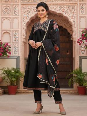 women black silk blend solid embroidered flared empire kurta pant with dupatta 1