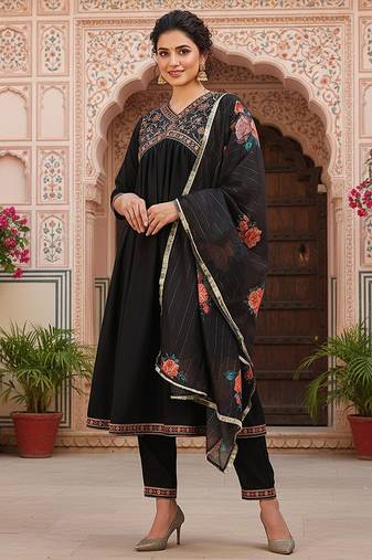 women black silk blend solid embroidered flared empire kurta pant with dupatta