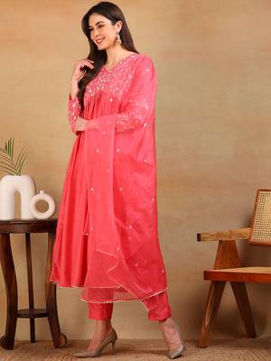 women pink silk blend solid embroidered flared empire kurta pant with dupatta 3