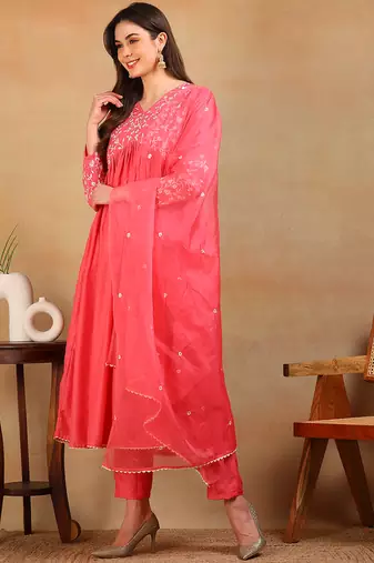 women pink silk blend solid embroidered flared empire kurta pant with dupatta