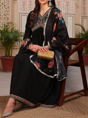 women black silk blend solid embroidered flared empire kurta pant with dupatta 2