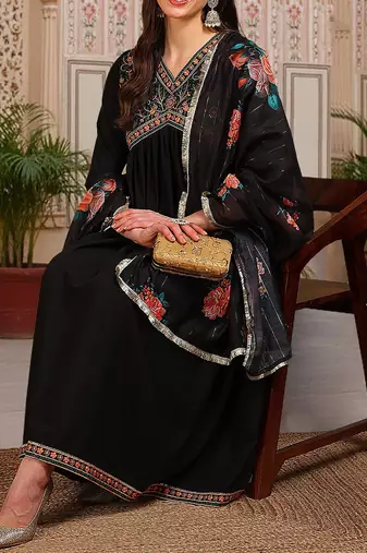 women black silk blend solid embroidered flared empire kurta pant with dupatta