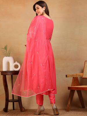 women pink silk blend solid embroidered flared empire kurta pant with dupatta 4