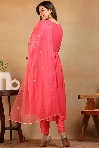 women pink silk blend solid embroidered flared empire kurta pant with dupatta