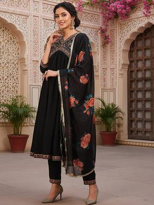 women black silk blend solid embroidered flared empire kurta pant with dupatta 3