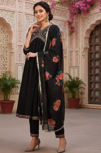 women black silk blend solid embroidered flared empire kurta pant with dupatta