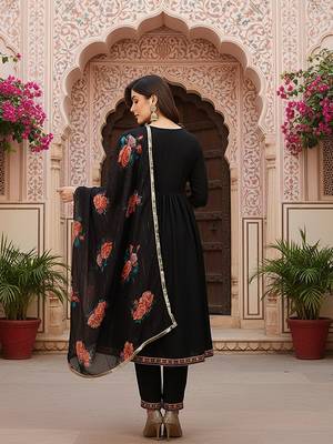 women black silk blend solid embroidered flared empire kurta pant with dupatta 4