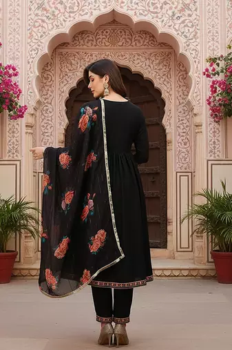 women black silk blend solid embroidered flared empire kurta pant with dupatta