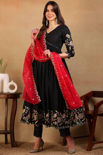 women black silk blend solid embroidered flared empire kurta pant with dupatta