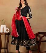women black silk blend solid embroidered flared empire kurta pant with dupatta