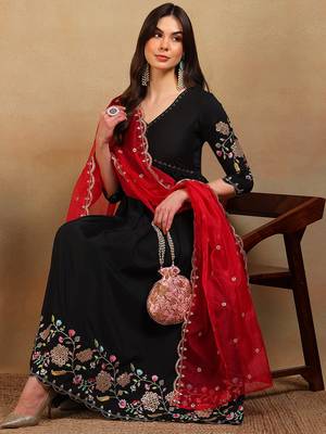 women black silk blend solid embroidered flared empire kurta pant with dupatta 2