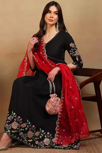 women black silk blend solid embroidered flared empire kurta pant with dupatta