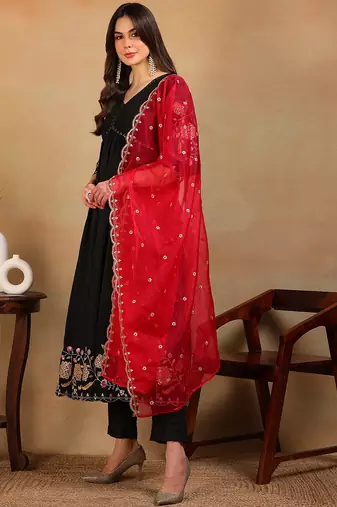 women black silk blend solid embroidered flared empire kurta pant with dupatta