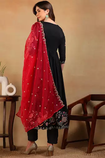 women black silk blend solid embroidered flared empire kurta pant with dupatta