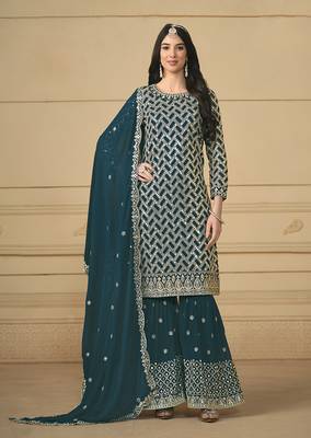 Teal georgette embroidered designer salwar suit 1