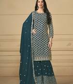 Teal georgette embroidered designer salwar suit