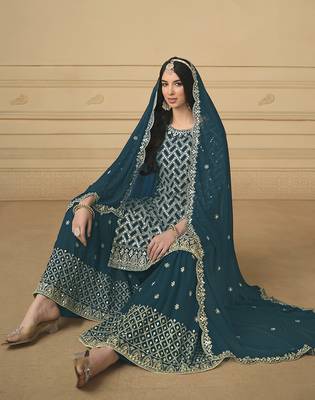 Teal georgette embroidered designer salwar suit 4
