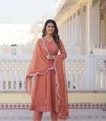 Peach russian silk with kali pattern flair salwar suit