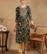 women green silk blend floral printed straight kurta