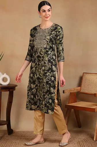 women green silk blend floral printed straight kurta