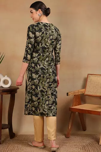 women green silk blend floral printed straight kurta