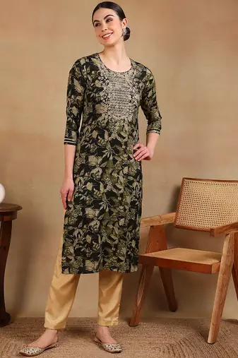 women green silk blend floral printed straight kurta