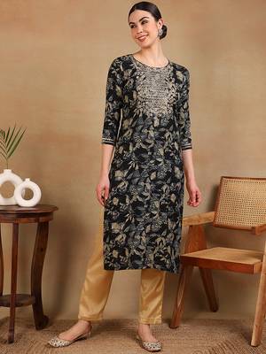 women navy blue silk blend floral printed straight kurta 1