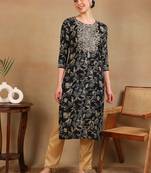women navy blue silk blend floral printed straight kurta