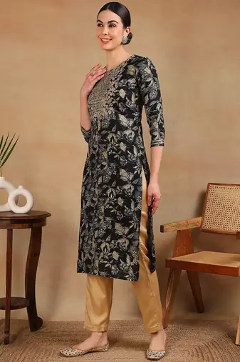 women navy blue silk blend floral printed straight kurta