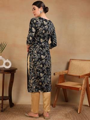 women navy blue silk blend floral printed straight kurta 4