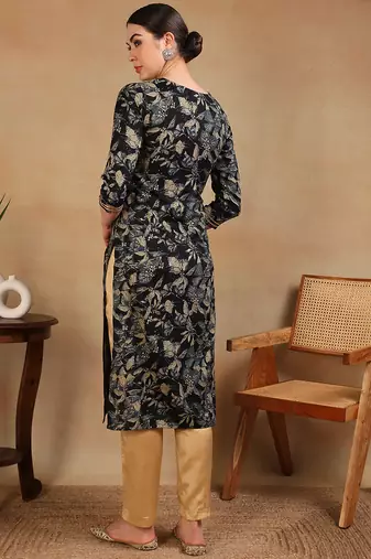 women navy blue silk blend floral printed straight kurta