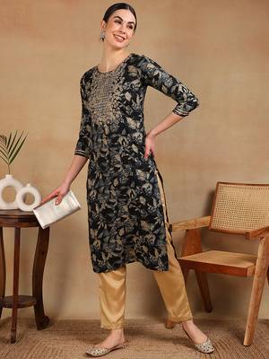 women navy blue silk blend floral printed straight kurta 5