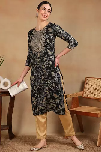 women navy blue silk blend floral printed straight kurta