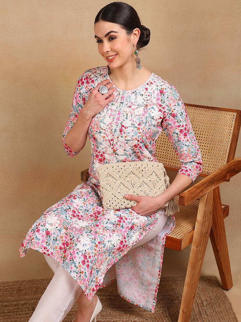 women white cotton blend embroidered floral printed straight kurta