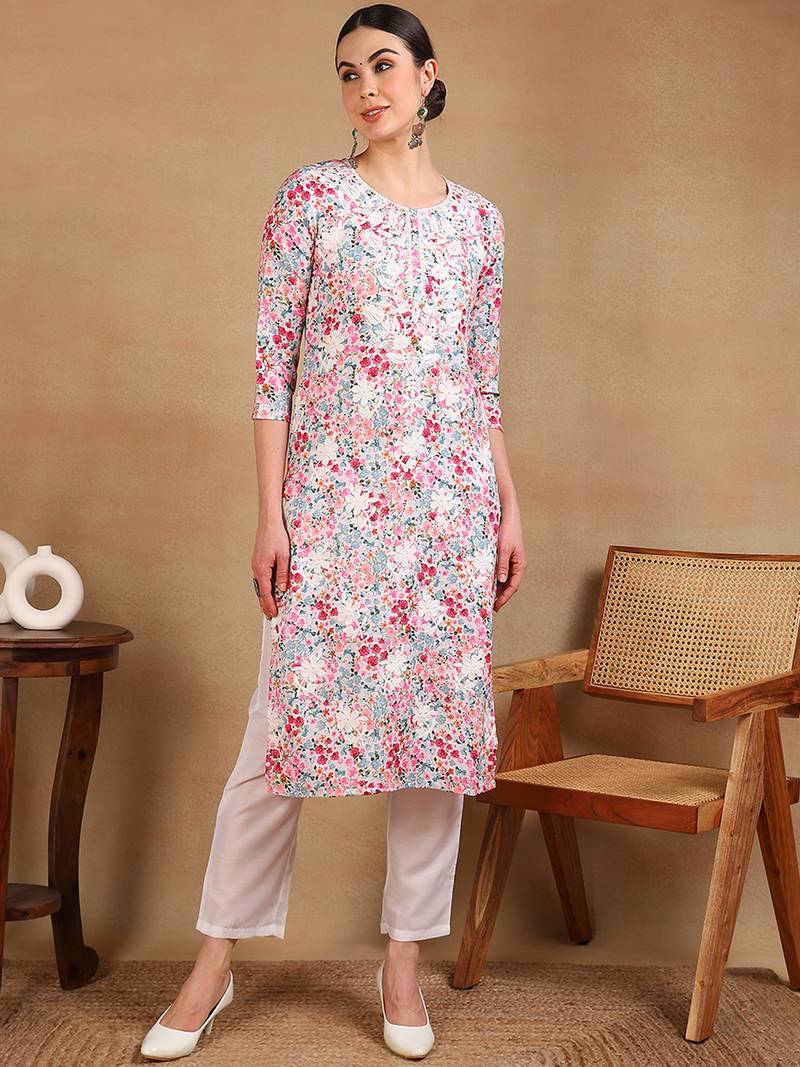 women white cotton blend embroidered floral printed straight kurta