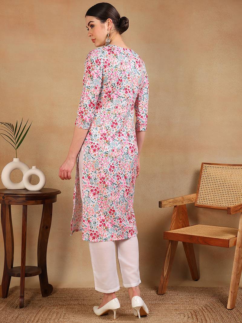 women white cotton blend embroidered floral printed straight kurta