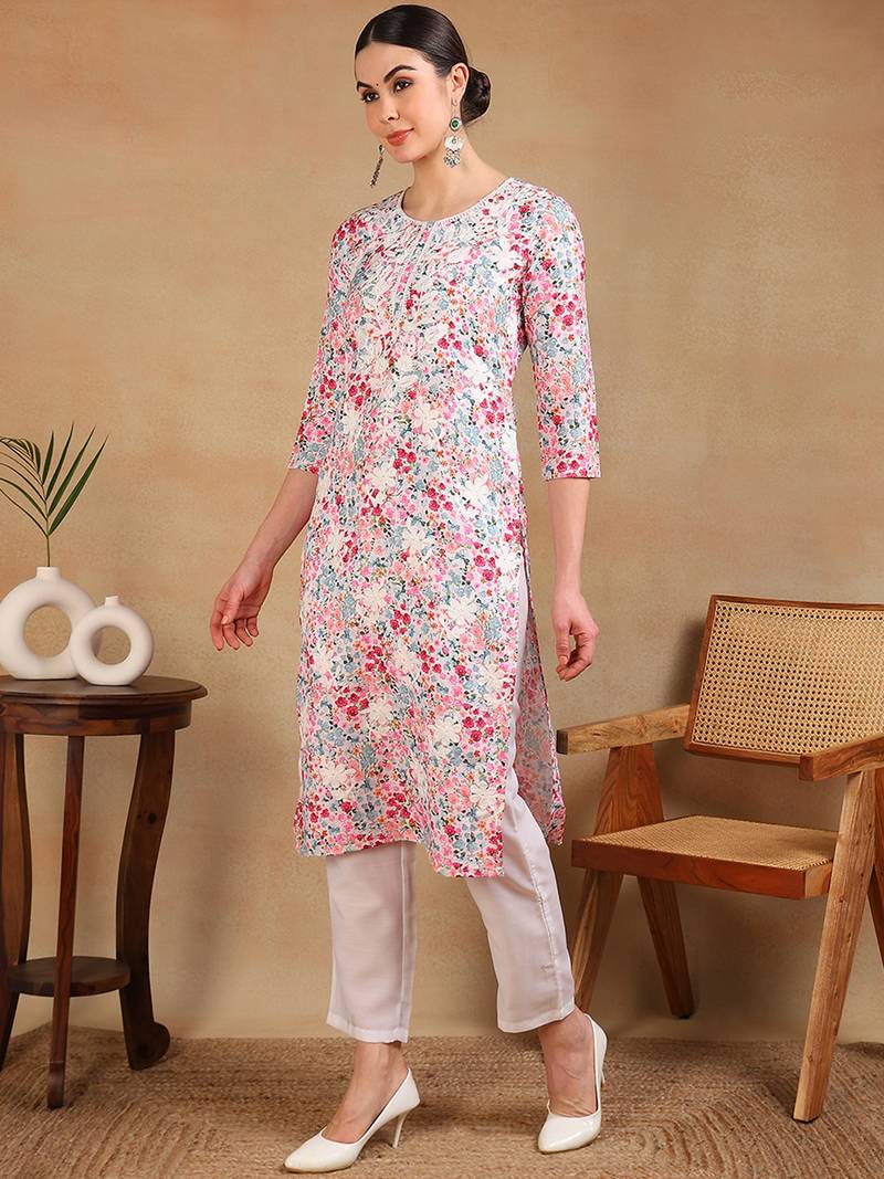women white cotton blend embroidered floral printed straight kurta