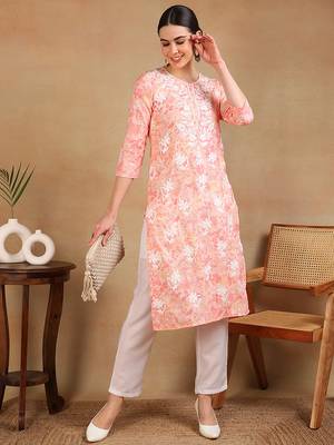 women peach cotton blend embroidered floral printed straight kurta 1