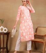 women peach cotton blend embroidered floral printed straight kurta