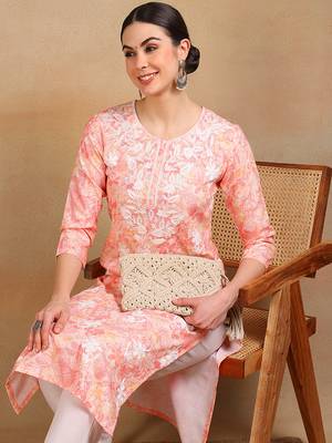 women peach cotton blend embroidered floral printed straight kurta 2