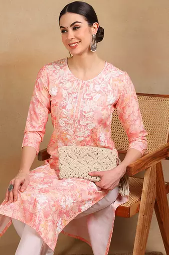women peach cotton blend embroidered floral printed straight kurta