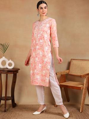 women peach cotton blend embroidered floral printed straight kurta 3